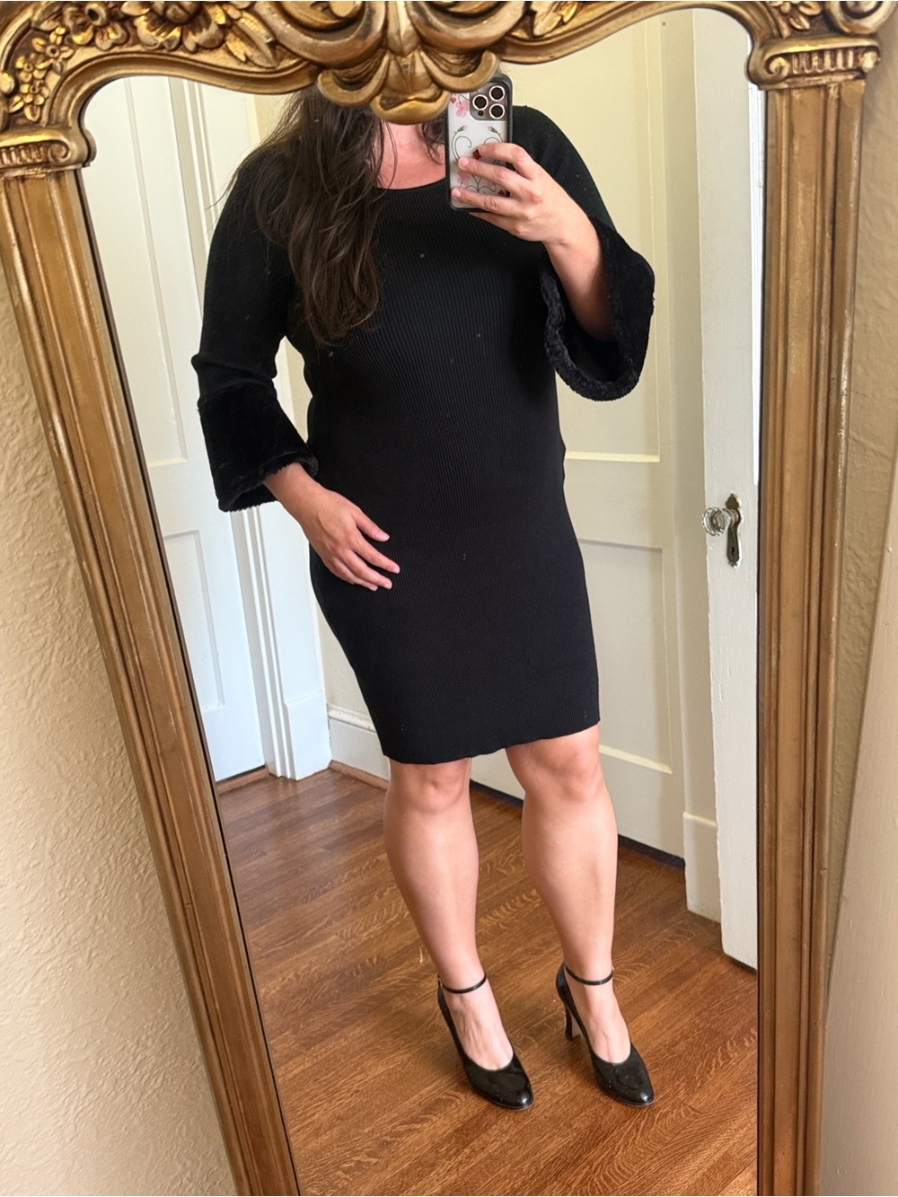 Nina Leonard Knit Faux Fur Cuff Dress